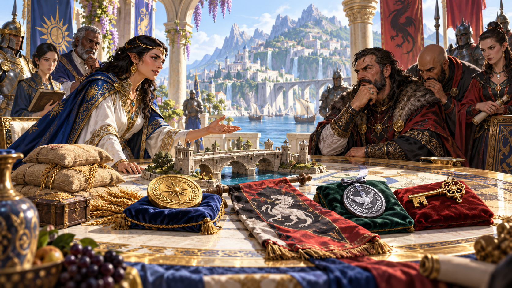 Illustration of two delegations discussing a bridge model with coins grain heraldic medals and a key