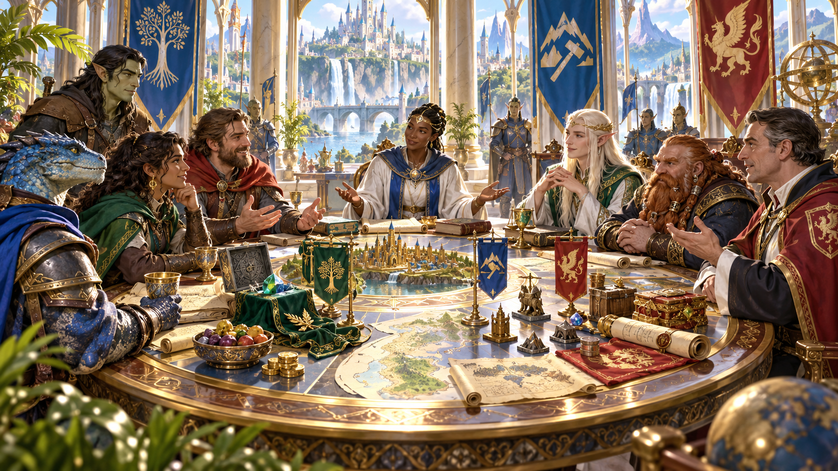 Illustration of several delegations around a council table with maps and a city model